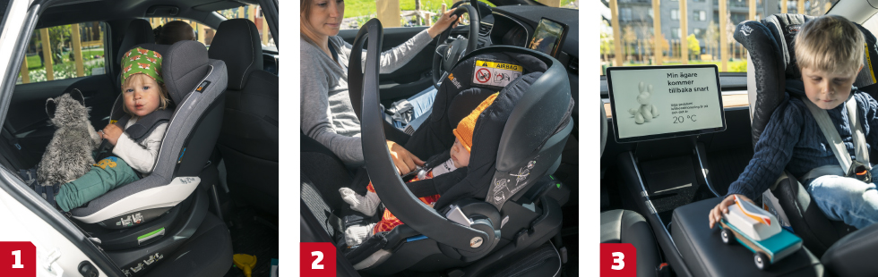 1. Vår Corolla må se ut som en rymlig familjebil, men trångt baksäte gör att bakåtvända bilbarnstolar inte får plats bakom en normallång förare. || 2. Renault Clio är ensam i gänget med Isofixfäste fram. Det ger fler säkra placeringsalternativ för bilbarnstolen eller babyskyddsbasen. || 3. Tesla har både ett hundläge och ett campingläge som håller kupén sval i sommarsolen medan föraren springer iväg på ett ärende. Det gör att barnen kan stanna kvar i bilen (med en vuxen!) under tiden.