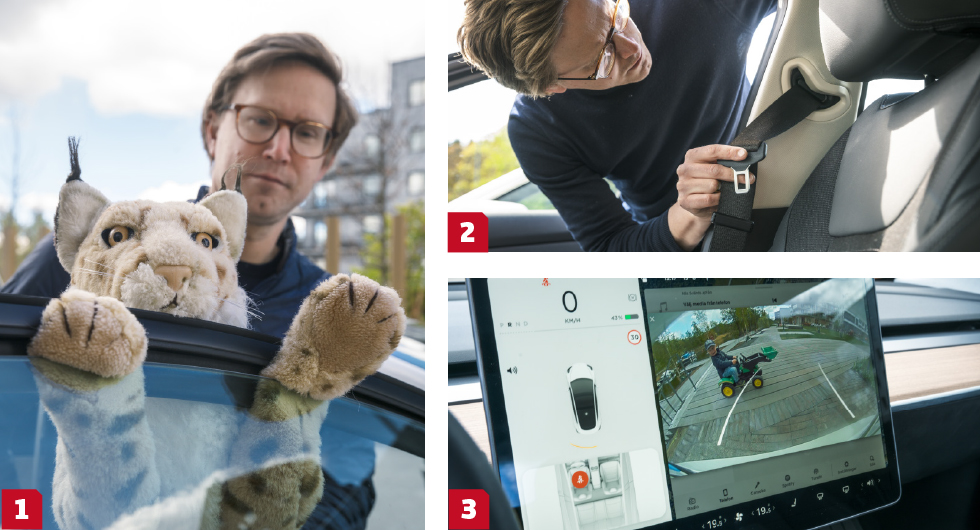 1. Ajaj! Mazda 3 saknar klämskydd på fönsterhissen fram, vilket stuntman ”Leo” demonstrerar. || 2. Med framåtvända barn är det viktigt att bältet löper korrekt över axeln. Tyvärr saknar BMW justerbar bältesinfästning fram. || 3. Många olyckor med barn sker i låga hastigheter nära hemmet. Backkameran är en viktig säkerhetsfiness som synliggör de små som inte alltid syns i backspeglarna – här Teslas akterbild.
