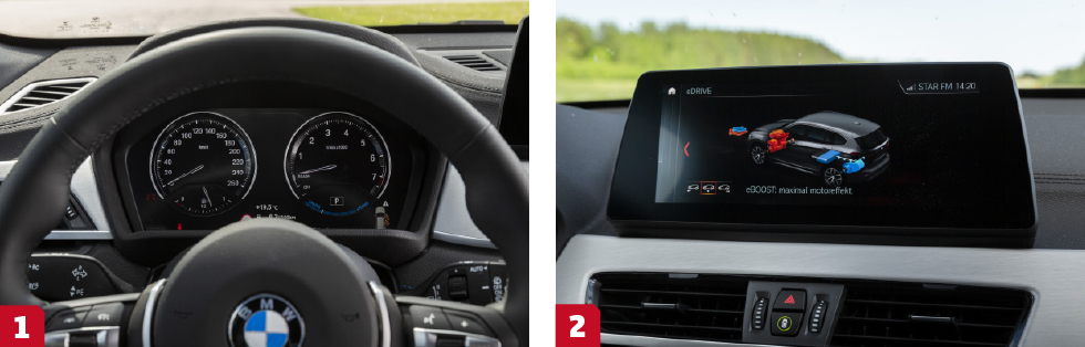 1. Traditionell BMW-utformning på de runda mätartavlorna. Här märks det att X1 är äldst i testet, i höst stundar 5-årskalas. Inget fel på läsbarheten. || 2. Man måste gräva djupt i undermenyerna för att hitta hybridinformationen i X1. Här finns också detaljerad färddatorinformation.