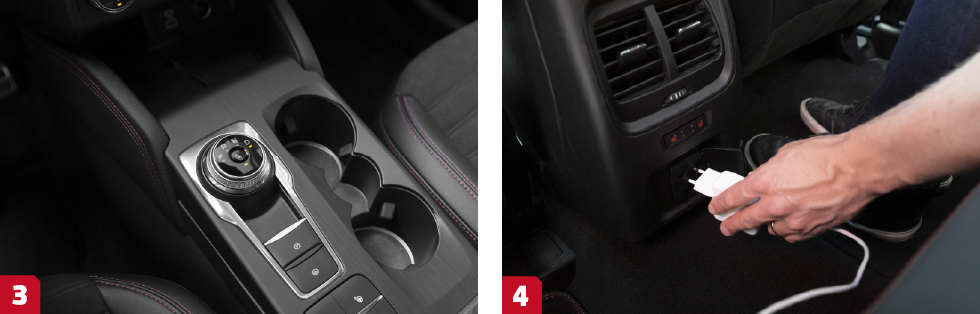 3. I sina hybrider använder Ford en steglös CVT-låda lik den i Toyotas hybrider. Det ger en smidig drivlina. Speciellt uppskattad i stadstrafik. || 4. Nej, du kan inte ladda bilen men både Ford och Peugeot går att få med vanligt ladduttag i baksätet – dock reducerad effekt.