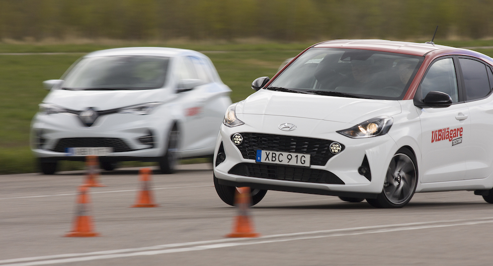 Hyundai klarar ca 75 km/tim genom konbanan, Zoe som tittar på mäktar med 77 och e-Up bara 72.