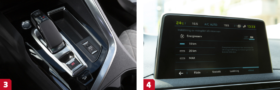 3. Peugeot är ensam i kvintetten att förlita sig på en åttastegad automatlåda med momentomvandlare. || 4. Välj att spara lite räckvidd på el till ett senare tillfälle. i Peugeot finns 10 eller 20 km i förinställda program.