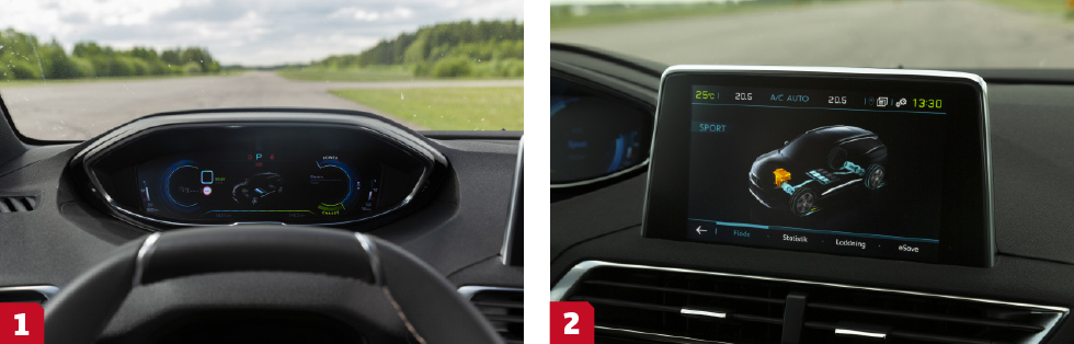 1. Variationsrik utforming av mätartavlorna, fast ingen har någon speciellt tydlig presentation. || 2. Menyskärmen är minst i gänget och känns daterad i både storlek och upplägg. Dock tydlig hybridgrafik för att följa vilken av de två elmotorerna som används.