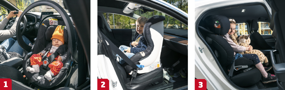 1. Babyskydd kan monteras med bilens egna bälte eller – allra helst – på en bas med Isofixfäste. || 2. Bakåtvänd bilbarnstol är det säkraste färdsättet. Framsätet ger bättre plats åt långa barn. || 3. Från cirka fem år kan barnen sitta framåtvända i en bältesstol.