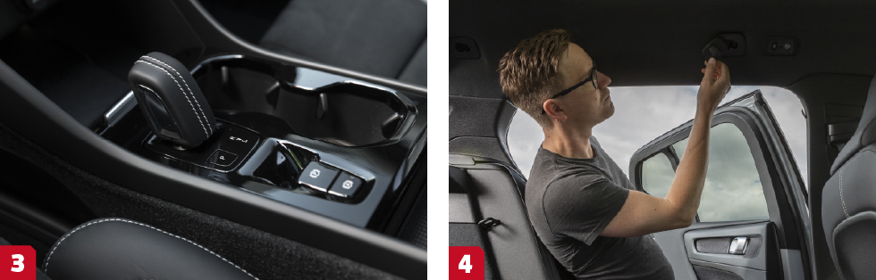 3. Sjustegad dubbelkopplingslåda är ovanligt hos Volvo men finns i XC40 laddhybrid. Kräver oljebyte var 6 000:e mil. || 4. Bakom baksätets lastkrokar döljs takfästet till lastgallret.