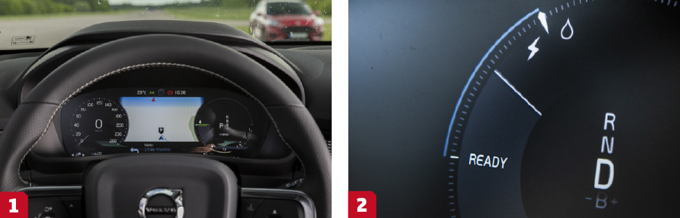 1. Avskalat instrumentkluster. Kartvyn går att välja bort. En vettig färddator saknas vilket är märkligt, framförallt i hybridversionen. || 2. I kraftmätaren ger Volvo en tydlig guide hur mycket man kan gasa innan bensinmotorn tar in. Gaspedalen har också ett litet motstånd som underlättar för föraren att hålla sig på rätt sida brytpunkten.