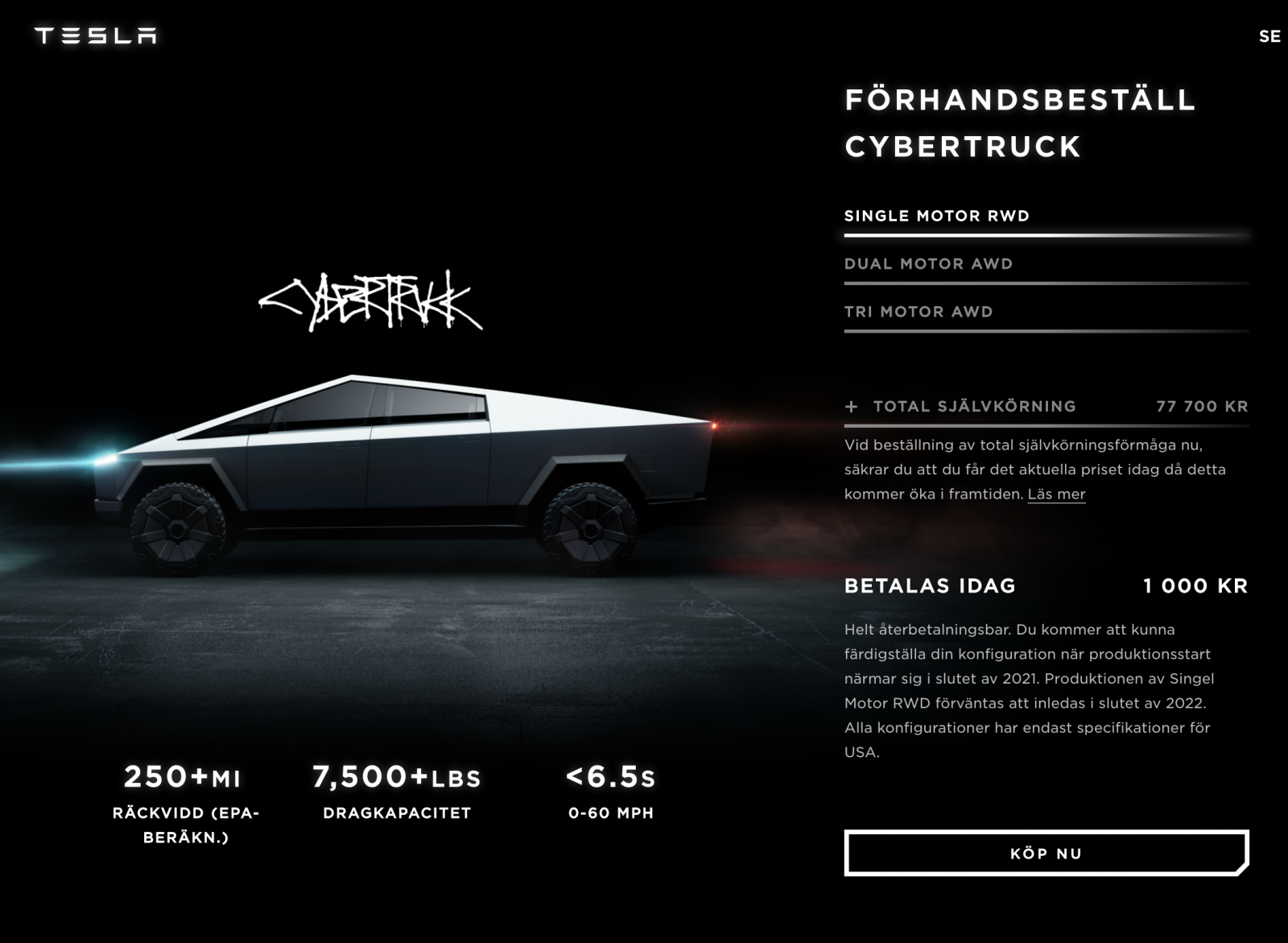 Den svenska bokningssidan där köparna kan teckna sig för en Cybertruck ligger fortfarande kvar.