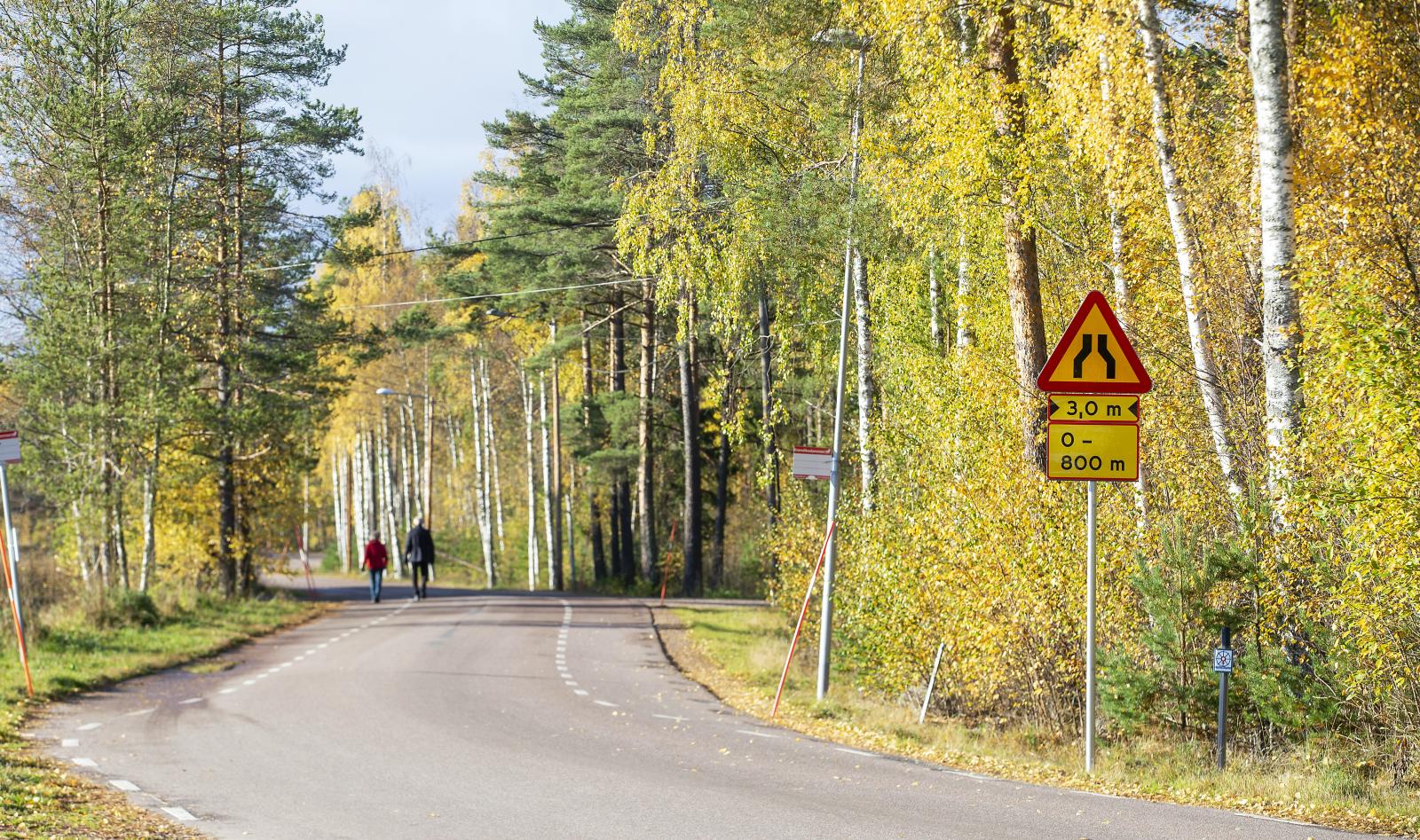 Varning för avsmalnande väg, mer än så skyltas inte bygdevägen i Falun.