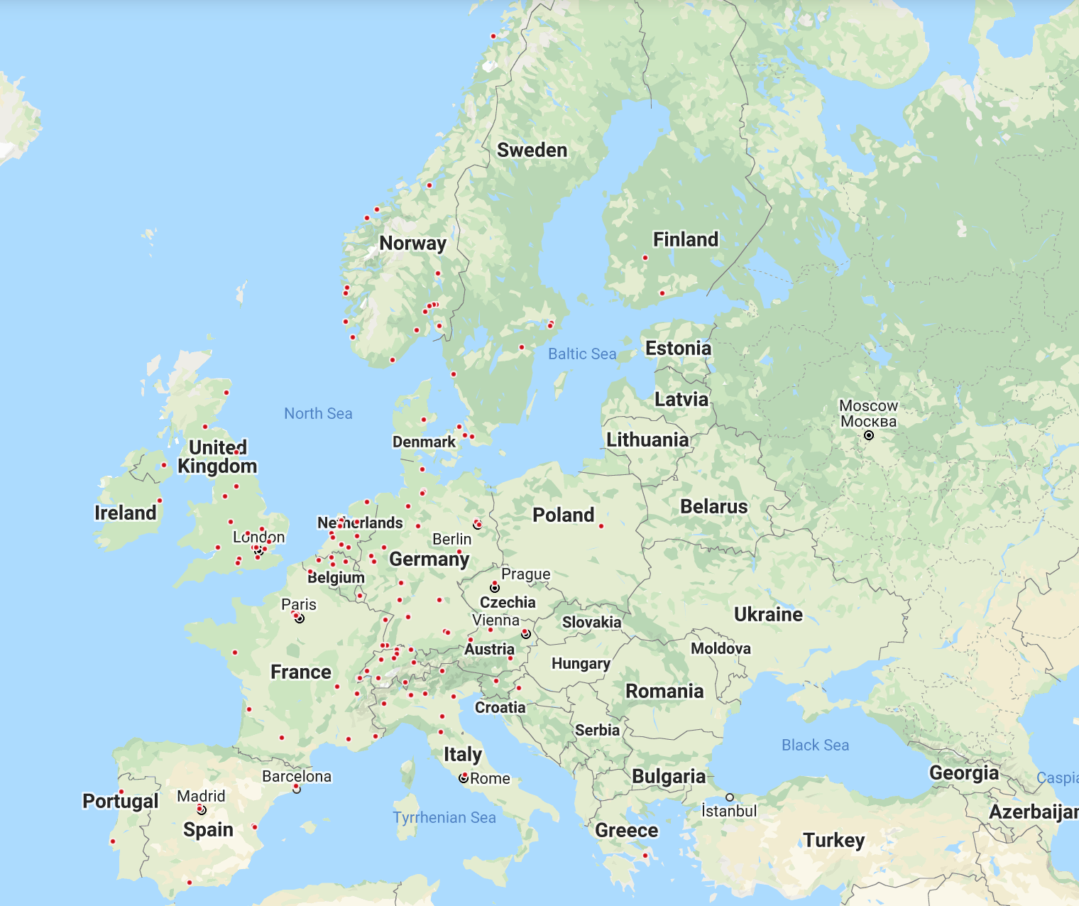 De röda ikonerna visar var Teslas butiker, eller så kallade ”gallerier”, är belägna i dag.