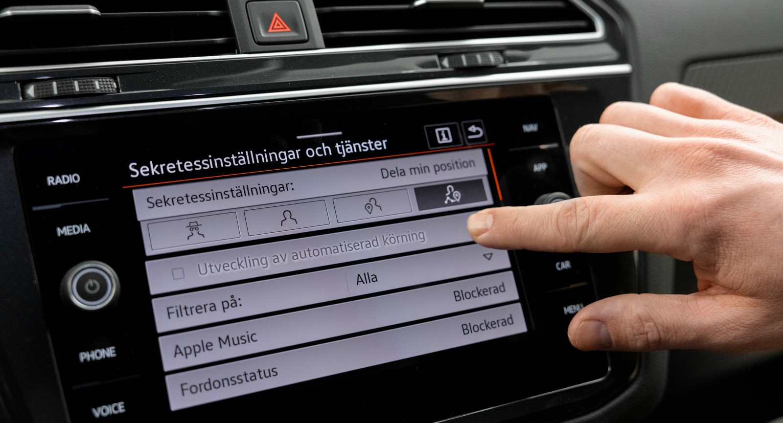 4. VW följer Tesla. Idag går det inte att välja ”Utveckling av automatiserad körning” men mjukvaran är redo.