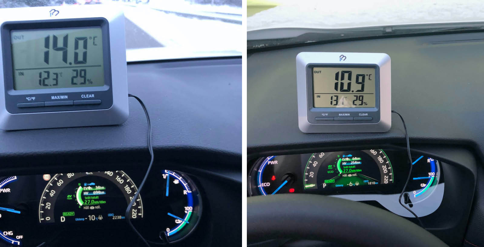 På den vänstra bilden har bilen körts i 35 minuter i tio minusgrader. Temperaturen är 14 grader vid fötterna och 12,3 grader högre upp i kupén. På den högra bilden har bilen stått stilla med värmen på i 30 minuter och sex minusgrader. Trots det är det bara mellan 10,9 och 13,1 grader varmt i kupén.