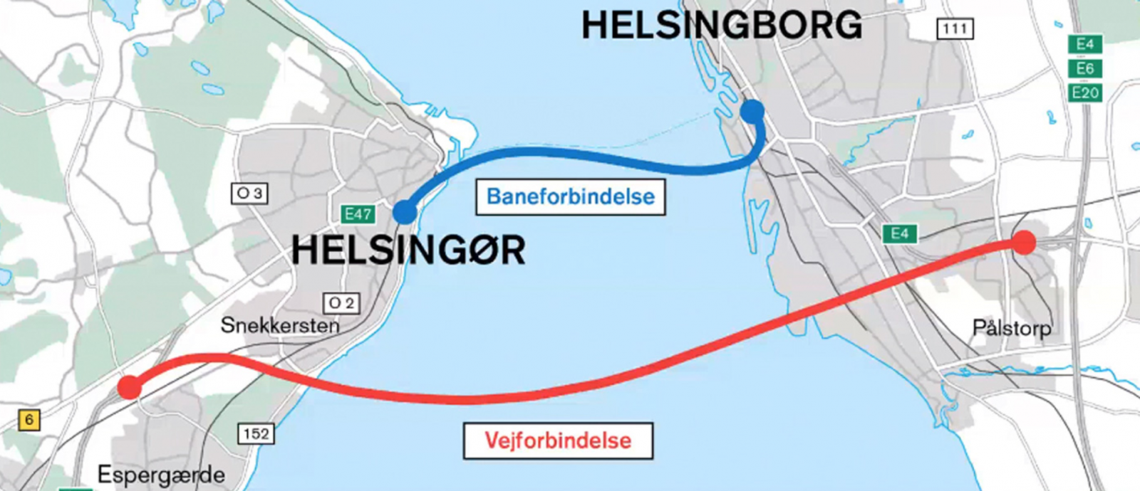 Planen är att bygga en biltunnel med två rör (rött streck) och en tågtunnel med ytterligare två rör (blått).