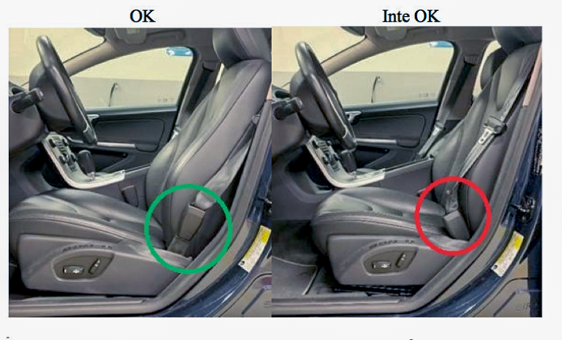 Bälteslåset ska inte böjas över dynan, visar en röd ring i återkallelsebrevet från Volvo.