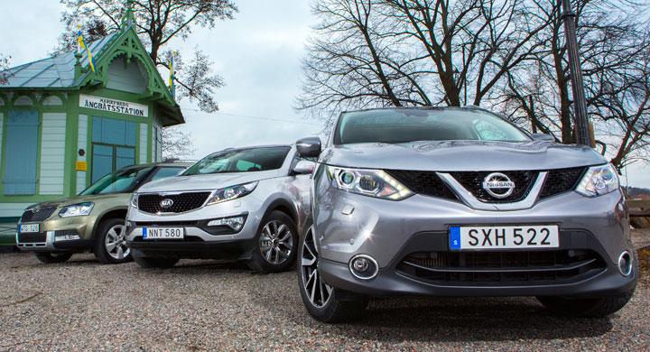 Biltest: Kia Sportage, Nissan Qashqai och Skoda Yeti.