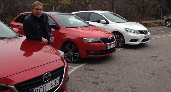 Det blev ingen heljapansk test till slut. Men Mazda3, Skoda Rapid Spaceback och Nissan Pulsar är kanske inte så dumt det heller.