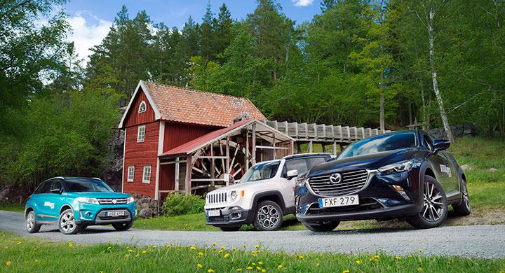 Suzuki Vitara, Jeep Renegade och Mazda CX-3, redo för Vi Bilägares trebilstest.