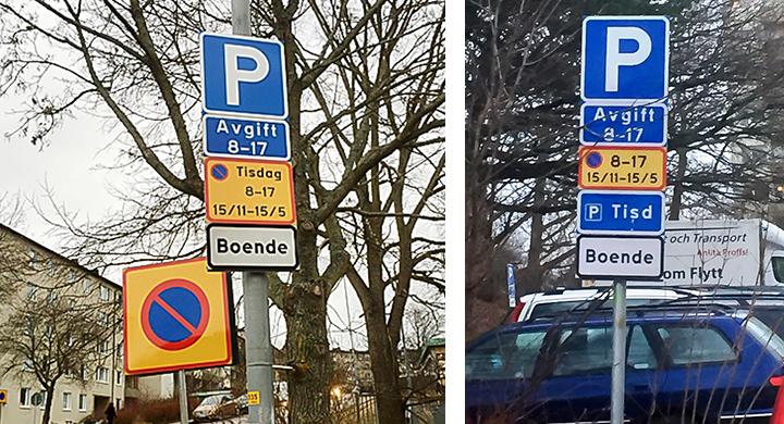 Frågeställaren upplever de båda p-skyltarna som onödigt komplicerade.