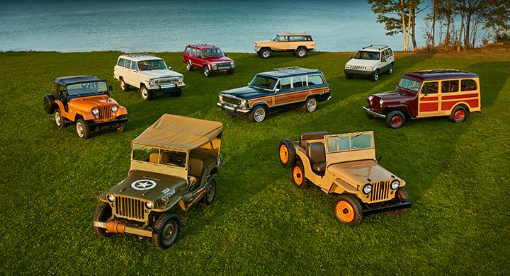 Willys MB (1944), Jeep CJ-2A (1945), Willys Wagon (1949), CJ-5 (1973), Cherokee Chief (1977), Wagoneer (1983), Cherokee (1984), Grand Wagoneer (1991), Grand Cherokee (1994).