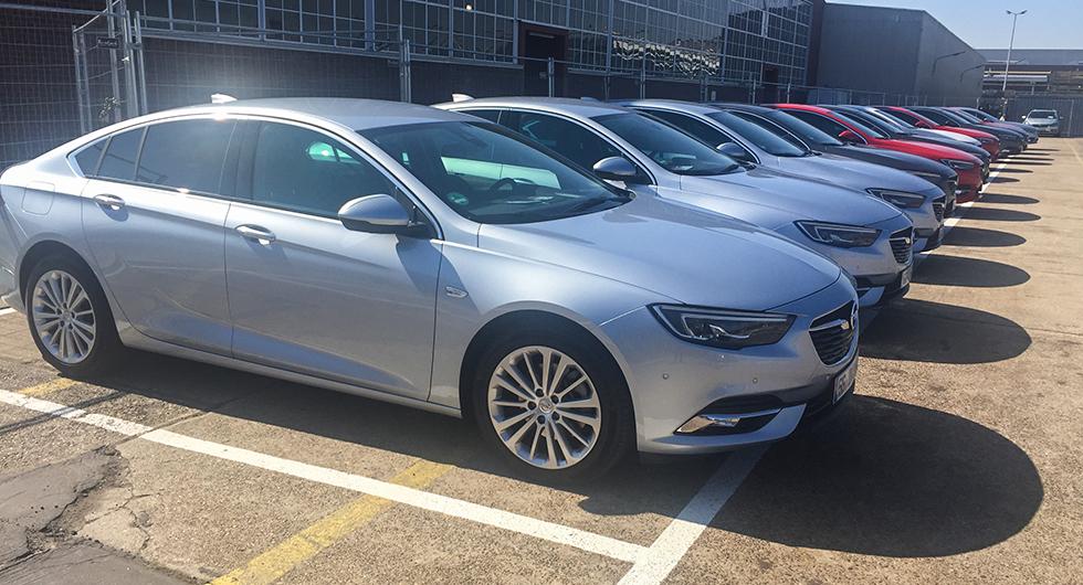 En massa Opel Insignior står uppradade, redo för att testas.