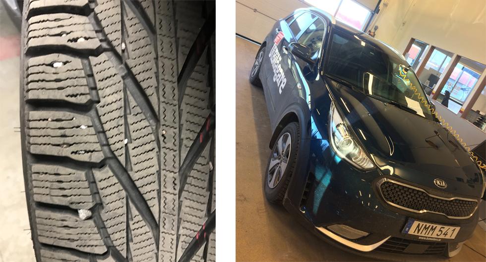 Stenar som fastnar i vinterdäckens grova mönster blir stenskotts-projektiler när de plötsligt släpper. Vår Kia Niro har fått två stenskott fixade hos bilglasmästaren.
