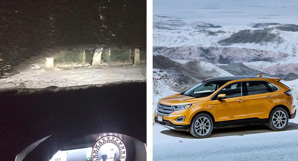 Frågeställaren tycker att värmaren på Ford Edge är för klen och inte orkar tina rutorna på ett bra sätt. Vänstra bilden visar när värmaren har varit igång i 25 minuter -8 grader.