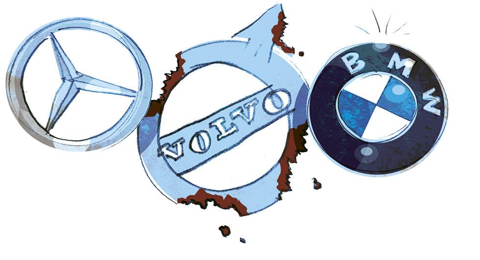 När Vi Bilägare bedömde rostskyddet på Volvos nya 90-serie blev utlåtandet klart sämre än för konkurrenterna Mercedes och BMW. Illustration: Johan Isaksson.