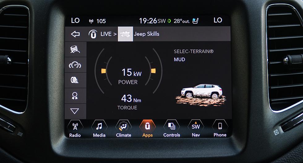 Display med Uconnect, Apple Carplay och information om körläge och motordata.