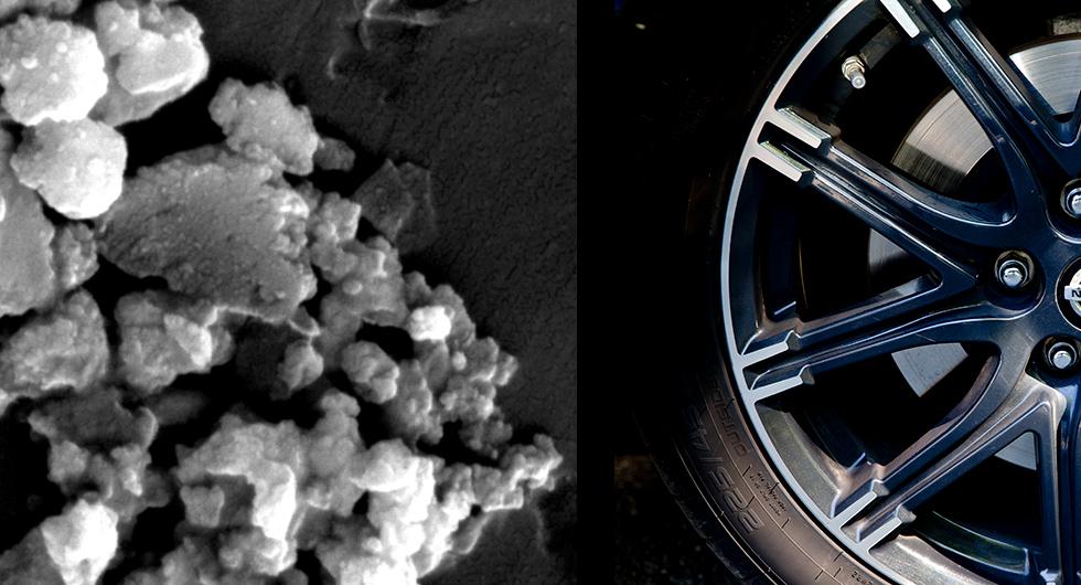 Till vänster syns en förstoring av de skadliga partiklar som alstras av bilens skivbromsar.