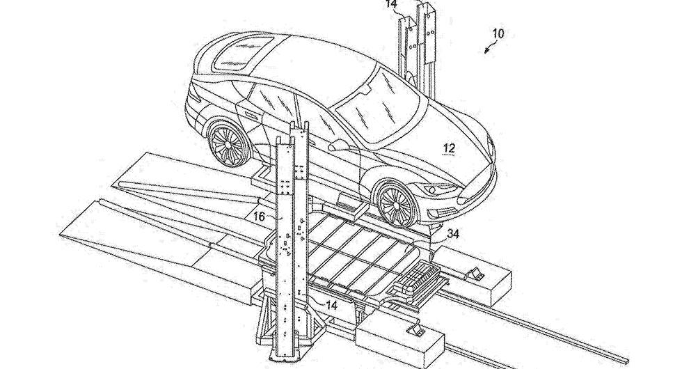 Slut på långa fikapauser vid laddstationen. En robothiss lyfter upp bilen, plockar ur batteriet och stoppar i ett nytt på en kvart. Illustration: Tesla.