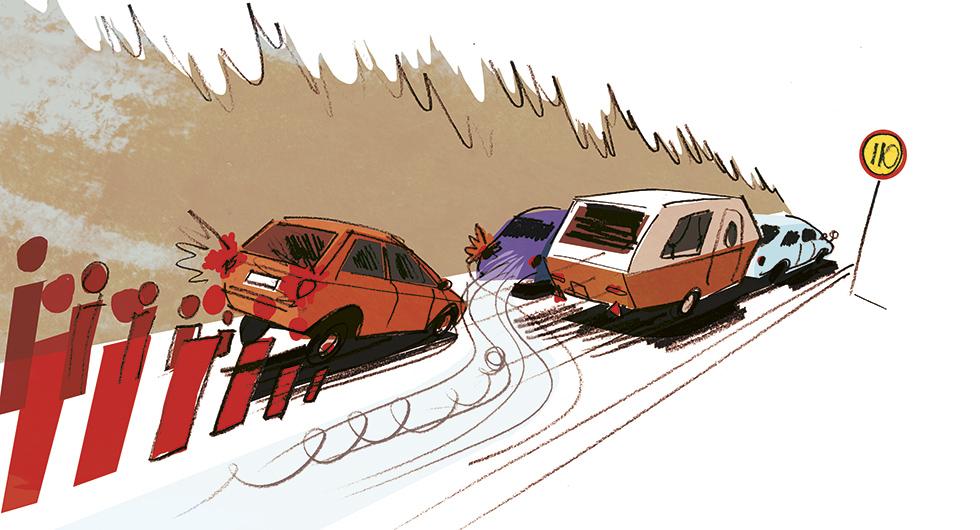 Frågeställaren undrar om det verkligen räcker med att blinka och sedan kasta sig ut i omkörningsfilen, utan hänsyn till andra trafikanter bakom. Illustration: Johan Isaksson.