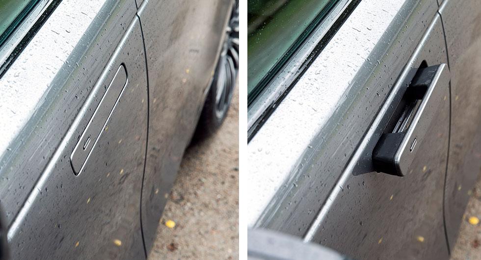 Ett lätt tryck får handtagen, som annars ligger slätt mot karossen, att glida ut. Finessen verkar imponera på de flesta men klarar den snö och is?