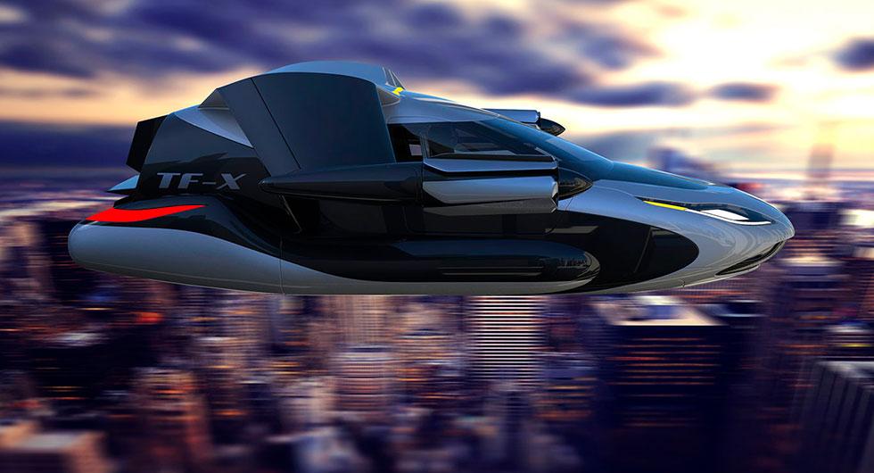 Så här kanske vi transporterar oss i framtiden – i en flygande bil. På bilden syns Terrafugias koncept TF-X, ett eldrivet fordon som kan landa och lyfta vertikalt.