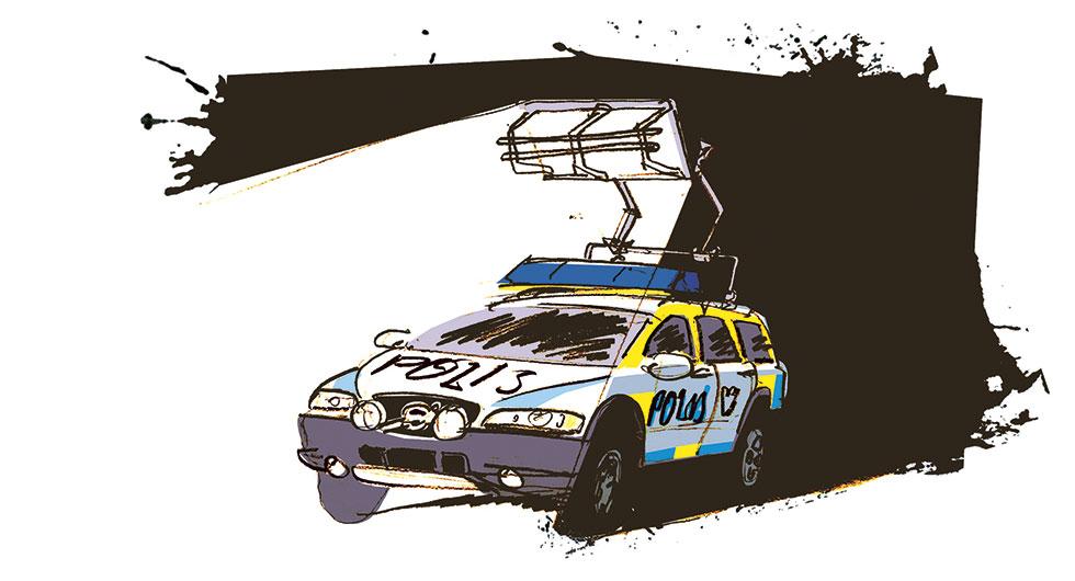 Frågeställaren tycker att polisen bländar andra trafikanter när de slår på helljus vid ett ingripande. Illustration: Johan Isaksson.