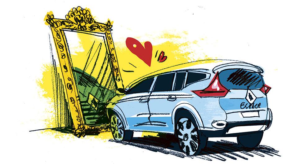 Frågeställaren har en Renault Espace och upplever stora problem med att instrumentbrädan speglas i framrutan. Illustration: Johan Isaksson.
