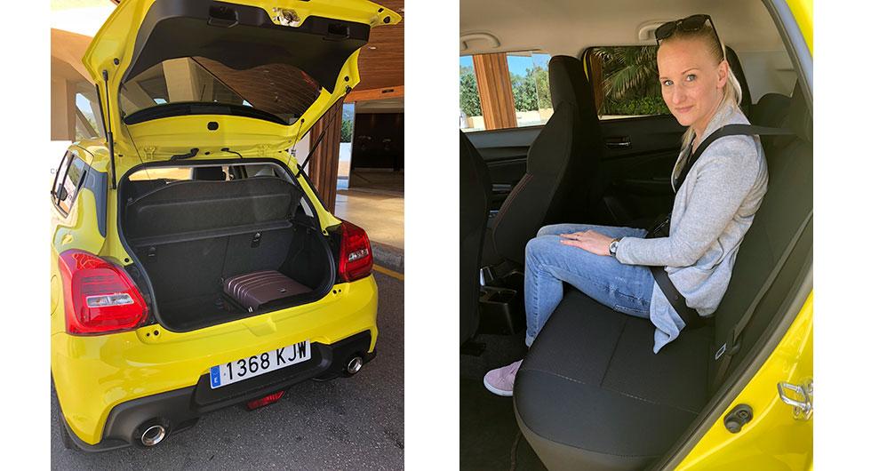 Bagageutrymmet är okej, men den höga tröskeln gör det svårt att lasta. Dubbla avgasutblås särskiljer Swift Sport från vanliga Swift. Utrymmet är bra i baksätet, men man sitter bäst i sportstolarna fram.