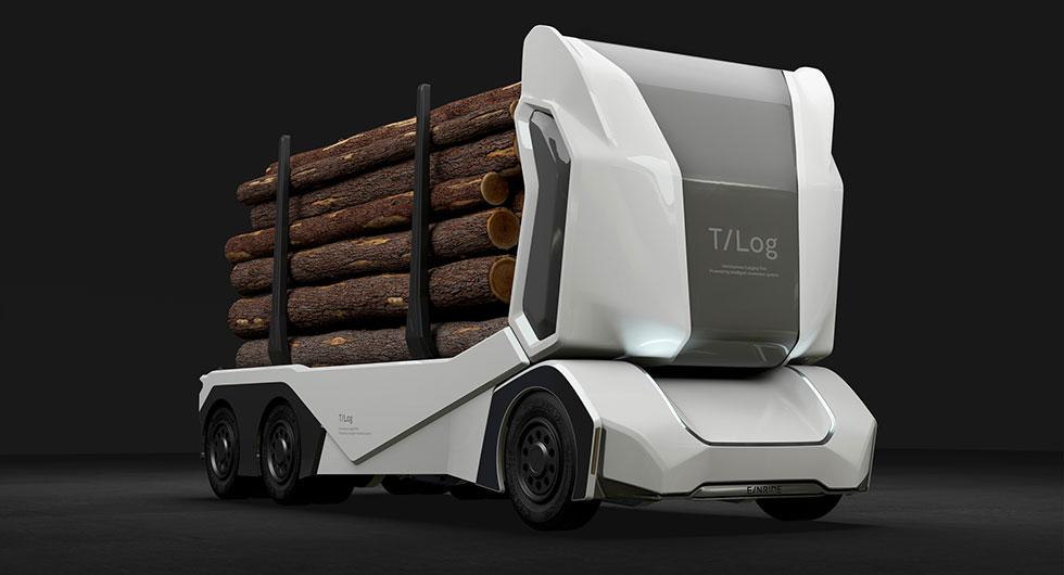 Svenska innovationen T-log – en eldriven timmerbil utan förarhytt.