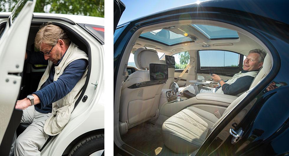 Högra bilden: Att fläka ut sig i baksätet i lyxutrustad Mercedes S-klass för nästan två miljoner hör till det mest bekväma man kan göra i en bil. Vänstra bilden: Toyota Aygos aktersoffa är betydligt trängre och mer spartansk och dessutom är det knöligt att komma in genom bakdörren.