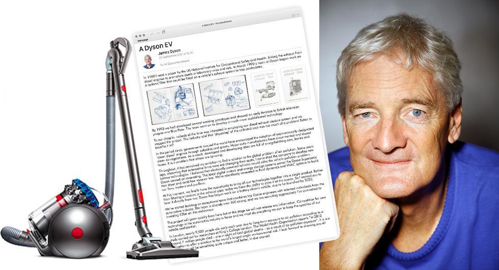 Grundaren James Dyson och brevet som ursprungligen avslöjade planerna om en elbil.