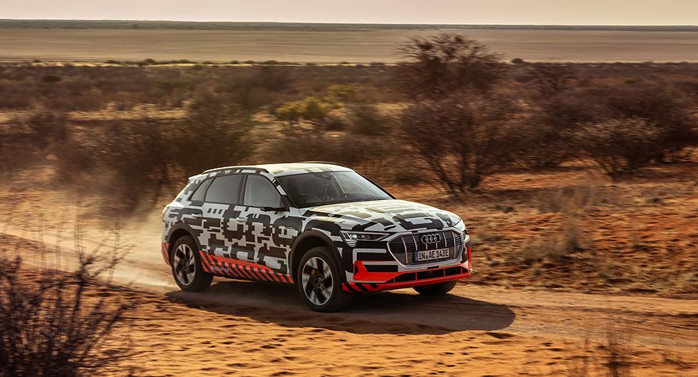 Med dubbla elmotorer smyger E-tron ljudlöst genom sanden. Elbil är ett utmärkt transportme-del när man åker på safari!