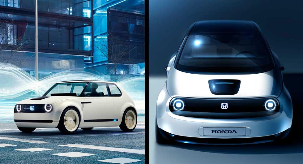 Första konceptet av Hondas elbil till vänster och vidareutvecklade prototypen till höger.