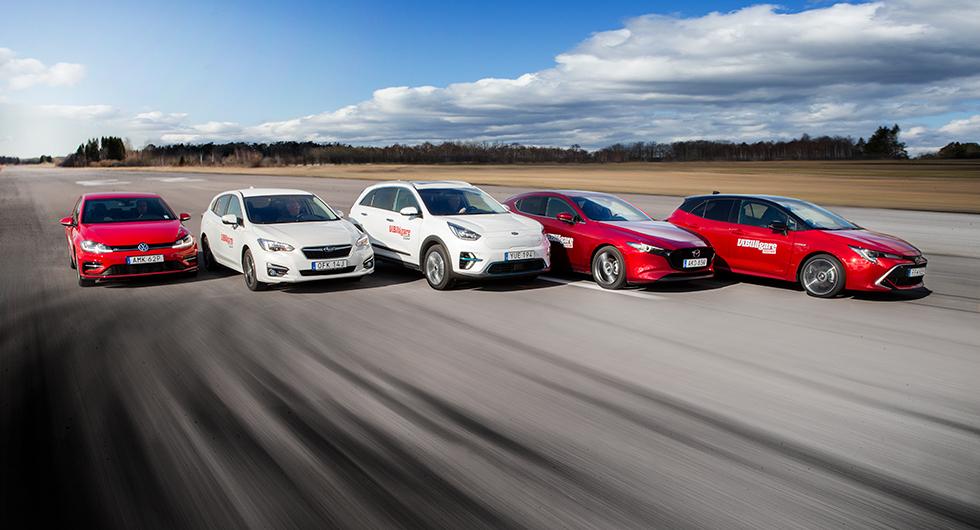 Testvärden: Kia e-Niro, Mazda 3, Subaru Impreza, Toyota Corolla, Volkswagen Golf (2019)